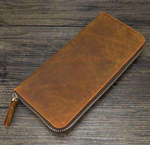 

vintage crazy horse men women leather long purse single zip wallet for cell cash card double phone interlayer coins wallets, Red;black