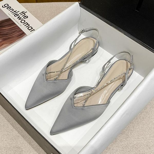 

sandals pointed shallow mouth women's single shoes trendy rhinestone chain fashion baotou flat large size 34-41, Black