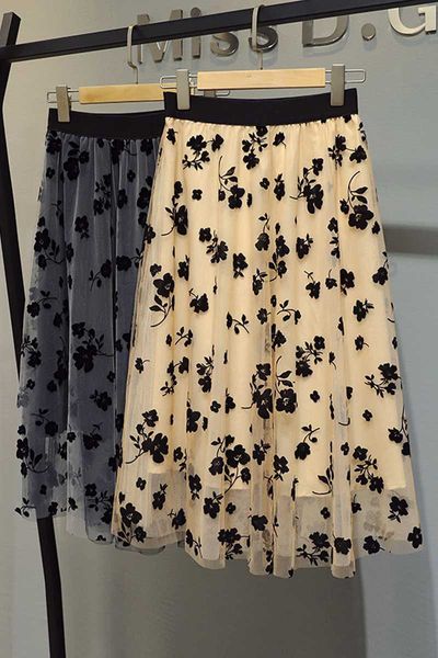 

skirts 2021 summer fashion women embroidery mesh casual midi skirt 2 color, Black