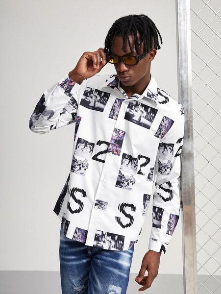 

men letter & picture print shirt v4nd#, White;black
