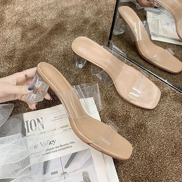 

luxury 2021 summer women slippers fashion transparent high heel slides gladiator sandals woman outside designer, Black