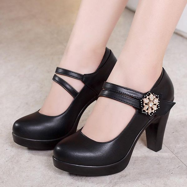 

quality women's split leather shoes with heels 2021 platform pumps woman thick high office plus size 40 41 42 dress, Black