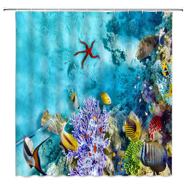 

undersea shower curtain,fish school coral reef shark starfish seabed diving scenic fabric bathroom decor,hooks included,71 x 71