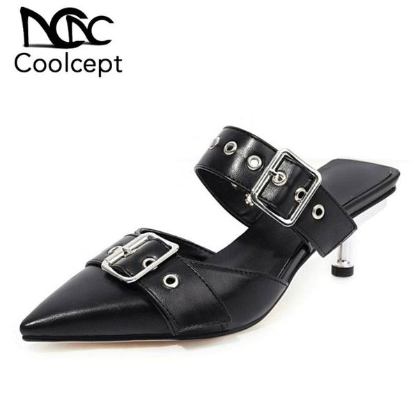 

coolcept 2021 women sandals fashion pointeed toe buckle metale shoes low heel daily outdoor party footwear size 34-43, Black