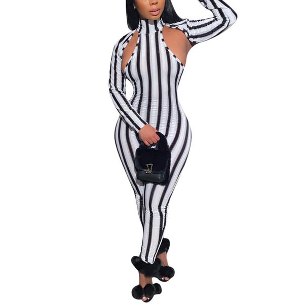 

streetwear bodycon jumpsuit women overalls 2021 long sleeve skinny rompers womens stripped trousers women's jumpsuits &, Black;white