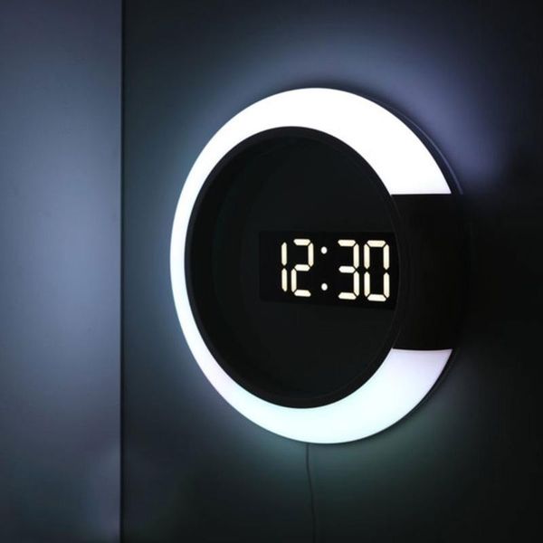 

wall clocks modern design nightlight for home living room decorations3d led clock digital table alarm mirror hollow