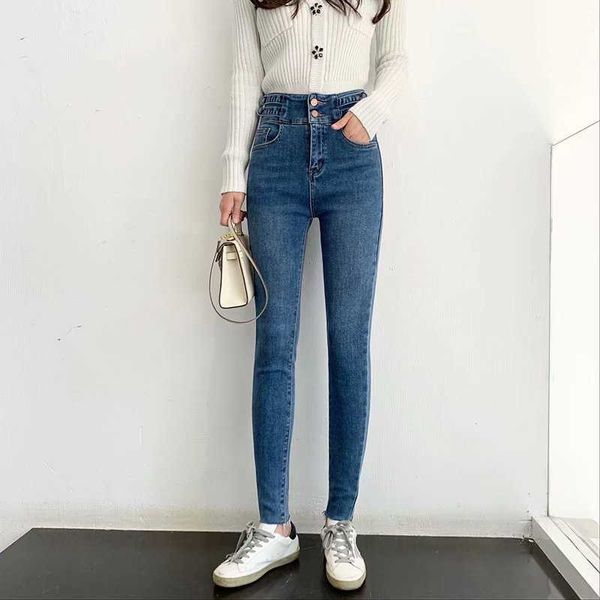 

fashion jeans cashmere high waisted two button elastic with hairy ee, Blue
