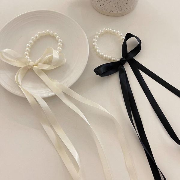 

korean vintage pearl bow ribbon hair tie rubber band ladies jewelry clips & barrettes, Golden;silver