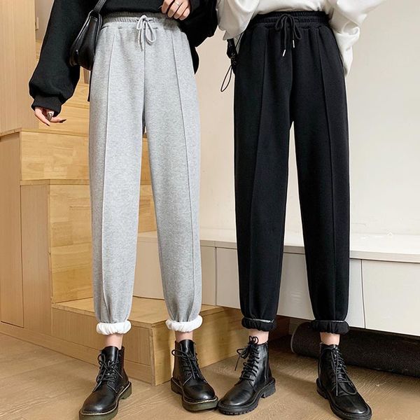 

women's pants & capris grey plus fleece trousers sports casual clothing aesthetic high waist loose harem 2021 autumn arrival, Black;white