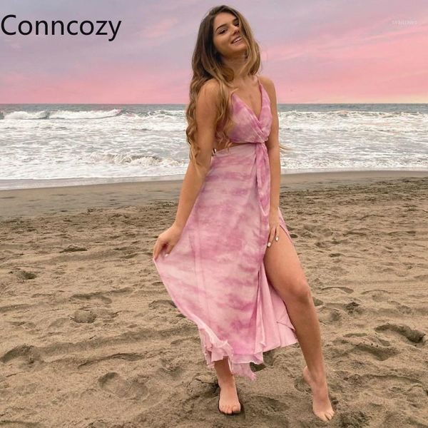 

summer pink dress women's fashion print backless v-neck high split long street a line mesh party dresses clothing casual, Black;gray