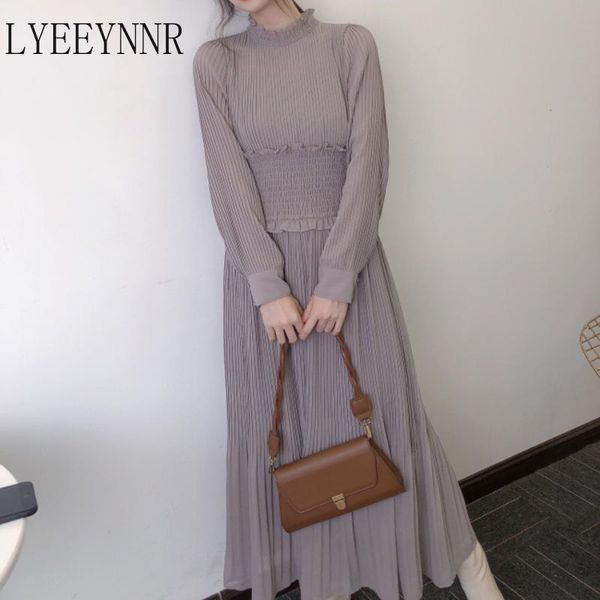 

casual dresses lyeeynnr vintage ruched slim waist a line dress women solid color long sleeve retro arrival japan style vestidos, Black;gray