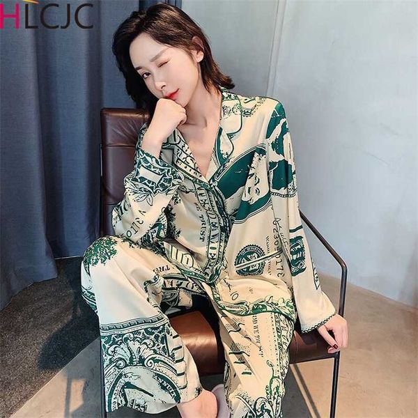 

silk satin men pajamas set fashion sleepwear couple printing long sleeve suit casual two-piece pyjama autumn elastic homewear 211215, Black;red