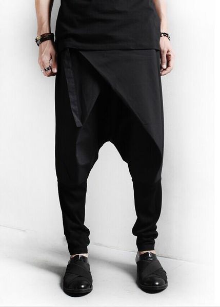 

men's pants fashion diagonal stitching harem street personality low crotch pant 2021 men singer trousers, Black