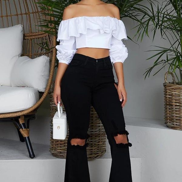 

women's jeans 2021washed denim flare pants women high waist hollow out bodycon bell bottom trousers casual full length joggers, Blue