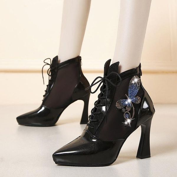 

dress shoes arrival 2021 spring and autumn fashion high trend heels women's thick heel rhinestone mesh size35-40, Black