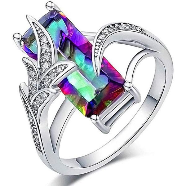 

wedding rings luxury silver color rectangle rainbow stone engagement for women green zircon ring anniversary gift jewelry, Slivery;golden