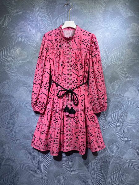 

2021 autumn new stand collar print waistband dress temperament, Black;gray