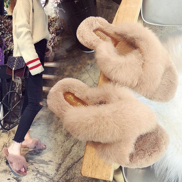 

winter women house slippers faux fur warm flat shoes female slip on home furry ladies size 36-40 wholesale, Black