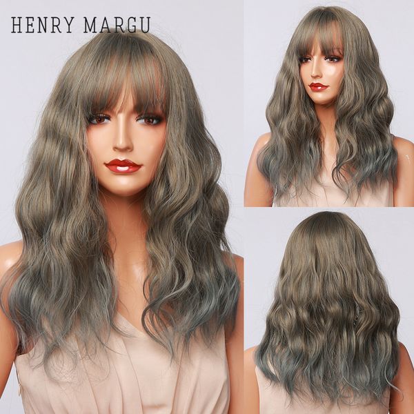 

short ombre green ash blue highlight wig with bangs for women water wave natural bob synthetic wigs heat resistantfactory direct, Black
