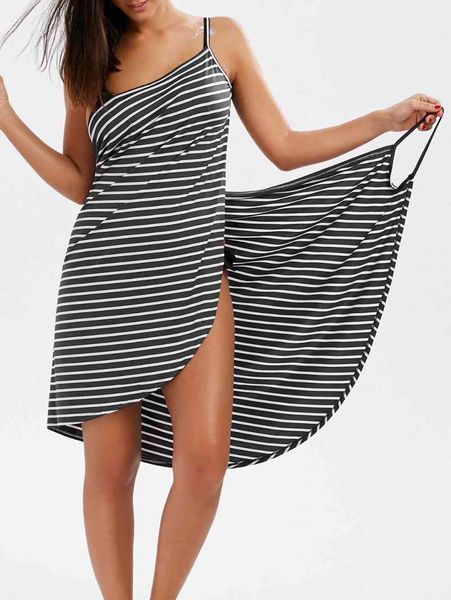 

striped beach holiday wrapped skirt suspender dress, White;black