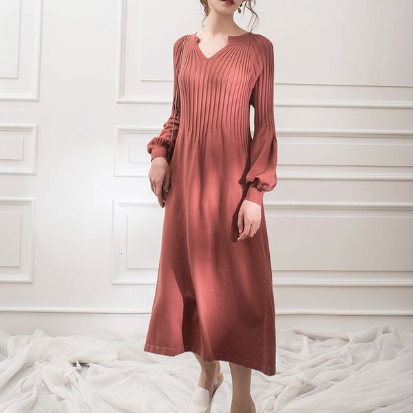 

casual dresses autumn winter knitting v-neck solid color retro french girl chic 0mfd, Black;gray