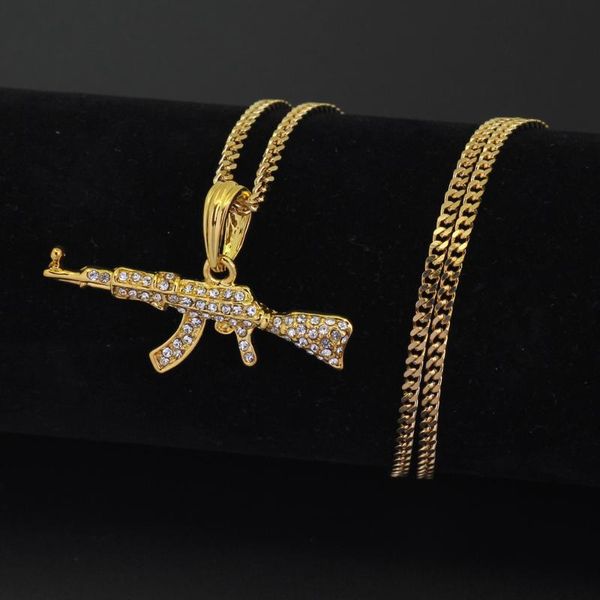 

pendant necklaces men women hip hop iced out gun with stainless steel 60cm long chain fashion necklace jewelry gifts, Silver