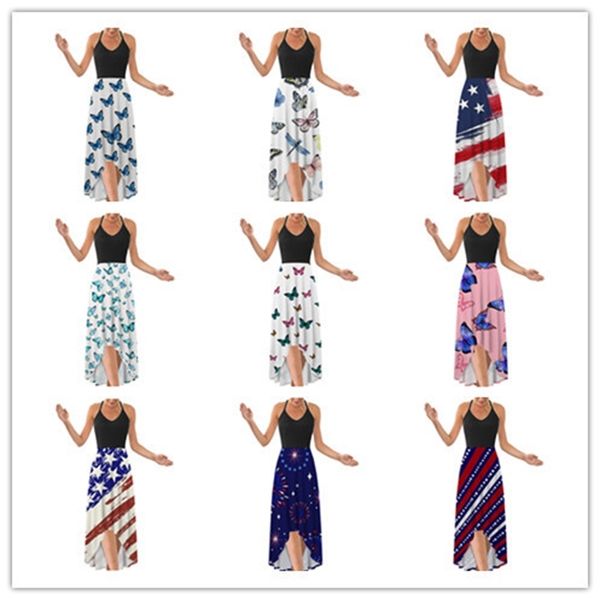 

charming dresses women's summer fashion printing irregular swallow tail suspender long skirt, Black;gray