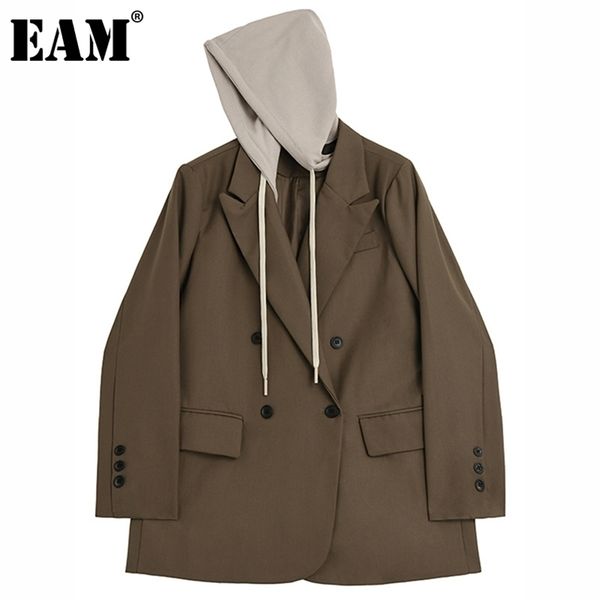 

[eam] women khaki double breasted big size blazer hooded long sleeve loose fit jacket fashion spring autumn 1de3311 211122, White;black