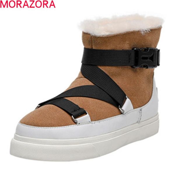 

boots morazora 2021 arrival winter snow cow suede comfortable flat heel round toe mixed colors ankle for woman black