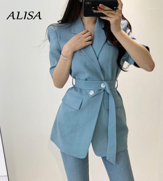 

women's suits & blazers womens korean french summer jacket woman elegant loose notched short-sleeved streetwear blue with belt blazer, White;black