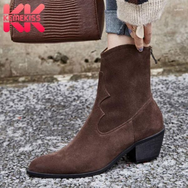 

boots kemekiss woman ankle genuine leather thick heel zipper autumn shoes fashion cool short size 34-3911, Black