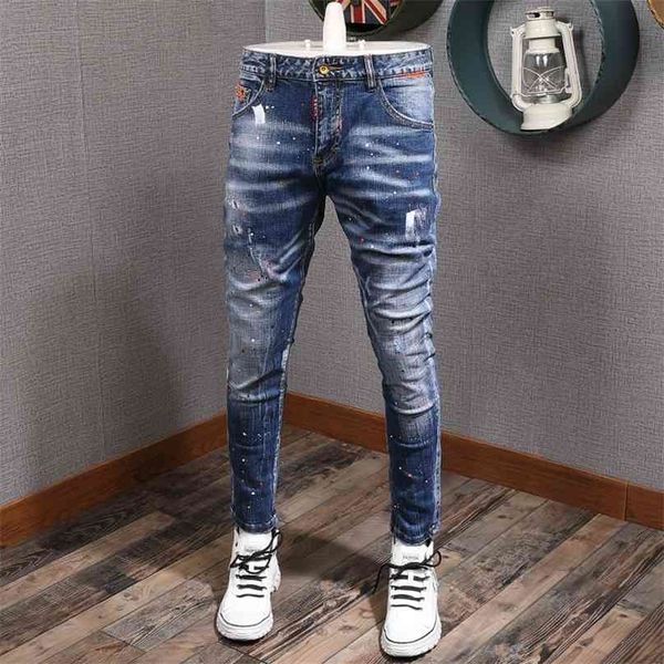

fashion streetwear men jeans retro blue slim fit paint designer night club hip hop pants elastic ripped homme 210716