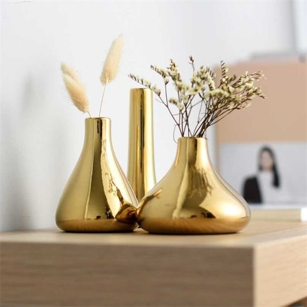 Nordic Home Office Desktop Decorazione Desktop Vasi di Prestigio Placcato Gold Flower Secchi in ceramica Mini 211215