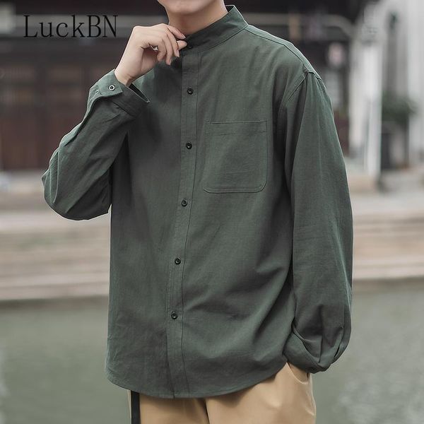 

men's casual shirts harajuku long sleeve autumn fashion stand up collar man shirt cotton linen solid color male oversized blouses, White;black