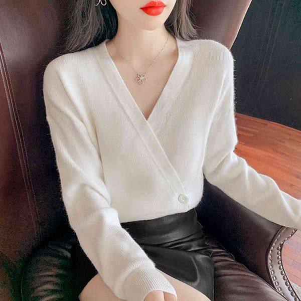 

women's knits & tees simple design v neck cardigan fashion pullover pure color slim lady winter sweater 9pbl, White
