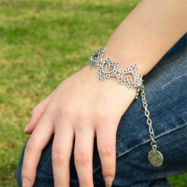

european and american bangle retro hollow metal peach heart coin tassel women's bracelet, Black