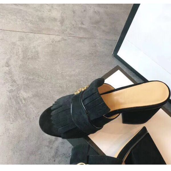 

luxury high end leather fish mouth thick heel shoesfamousbrandwomen's retrofashion tassel women'ssize35-42 60% off store online, Black