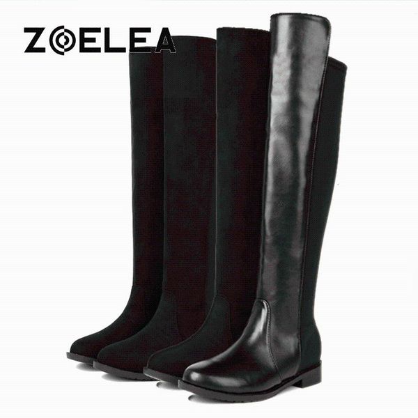 

boots women leather slim warm shoes big size 44 thigh high for plush winter over knee woman elastic streth botas, Black