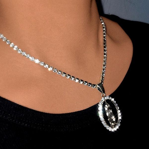 

chains trendy punk crystal pendant necklace tennis chain for women gothic hip hop rhinestone choker fine jewelry gift fashion, Silver