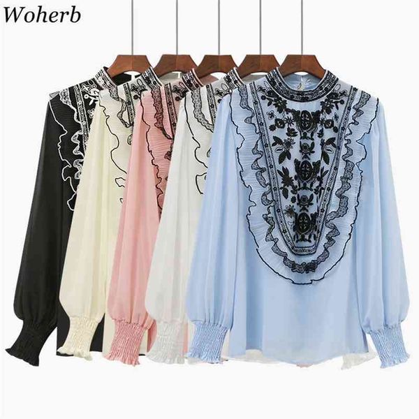 

blouses women retro stand neck embroidered blouse lace chiffon shirt spring sweet long-sleeved elegant female 210519, White