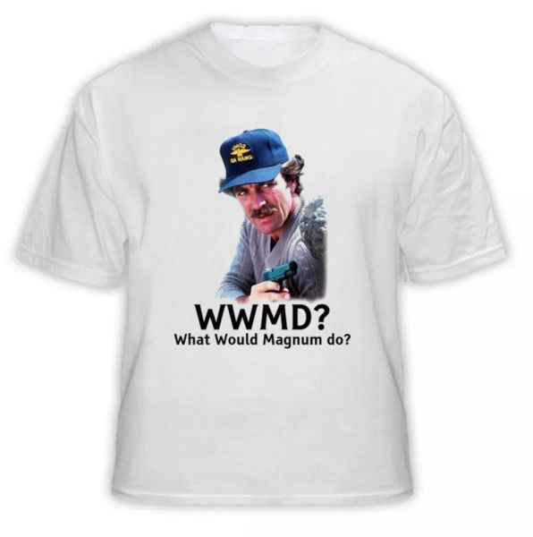 

wwmd what would magnum do tv show selleck t shirt, White;black