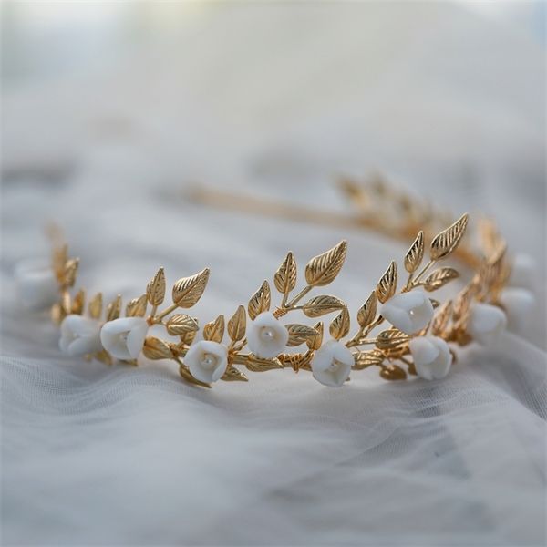 

bridal hair jewelry vintage gold headbands tiara porcelain flower leaf headpieces crown brides headwear new wedding accessories w0104, White;golden