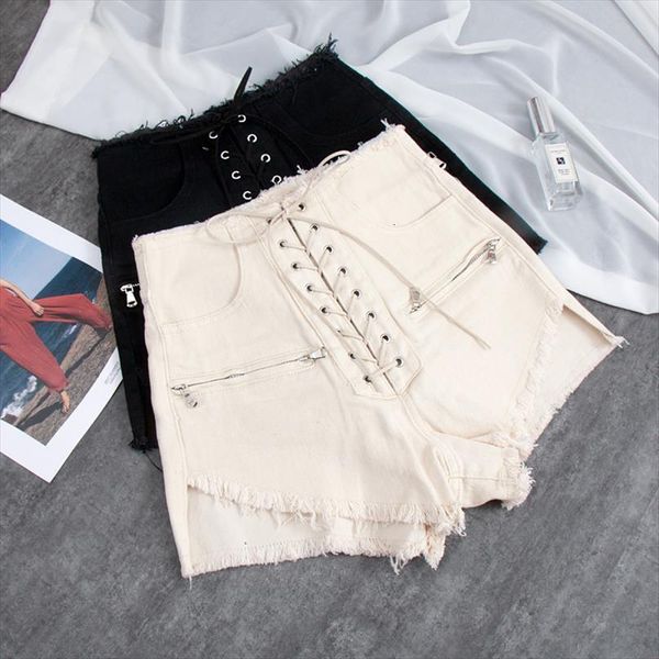 

wholesale lace up bandage womens short wide leg denim high waist punk street style zipepr chains wq1617 dropship, White;black