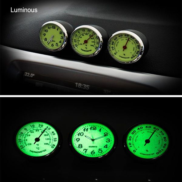 

luminous ornaments black silver car decoration mechanics clock thermometer hygrometer car-styling quartz watch mini interior decorations