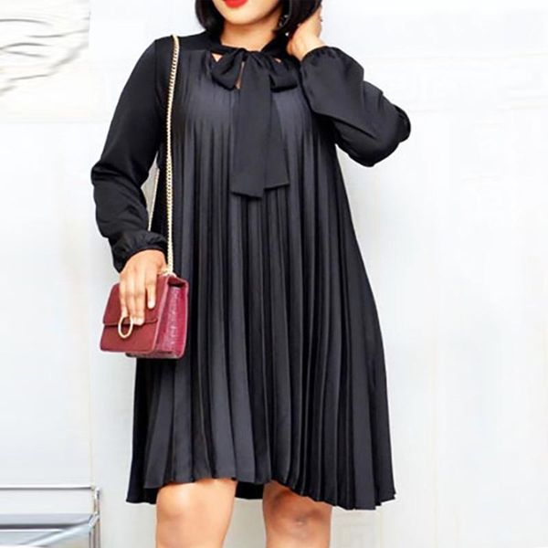 

plus size dresses l-5xl pleated dress 2021 women's solid color bow tie collar long sleeves with fashion casual simple, Black