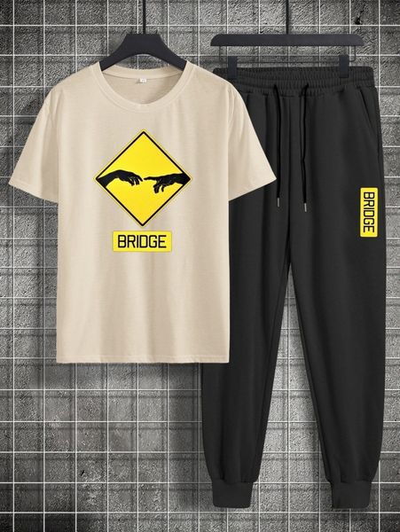 

romwe guys hand letter graphic tee & sweatpants 26kw#, Gray