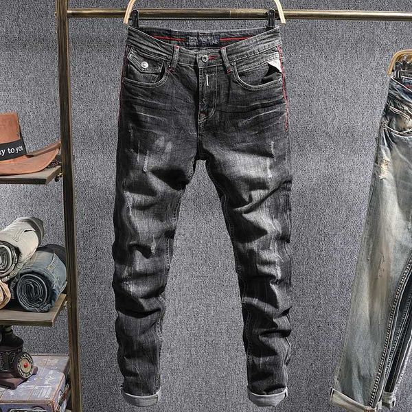 

Men's Jeans Italian Style Fashion Men Retro Gray Slim Fit Elastic Ripped Autumn Streetwear Vintage Designer Denim Long Pants Man QAM4, Blue