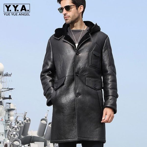 

autumn winter fashion mens natural sheepskin coat long slim casual biker jacket hooded pockets genuine leather streetwear men's & faux, Black