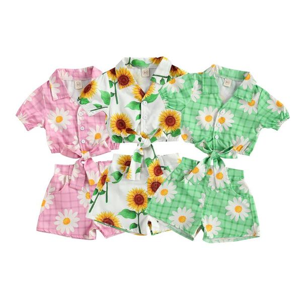 

girl's two-piece suit, sunflower print lapel short sleeve and shorts for birthday party vacation clothing sets, White