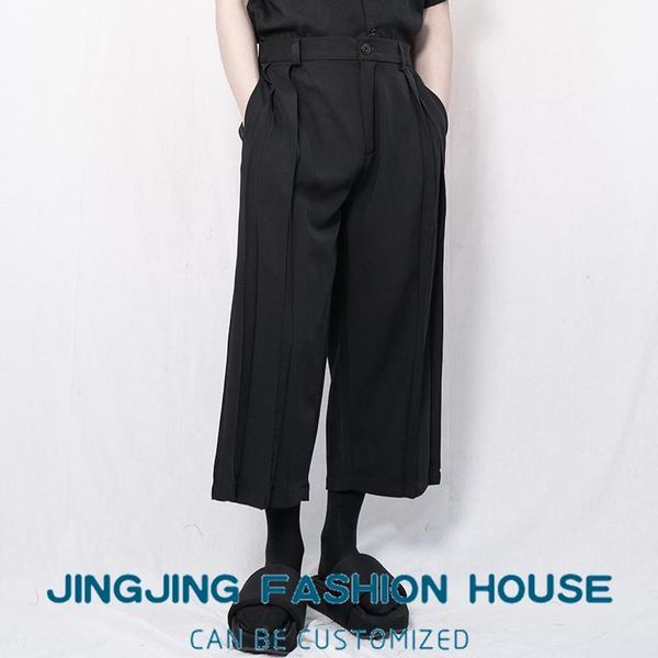 

men's pants s-6xl 2021 casual trousers wide leg culottes pleated black